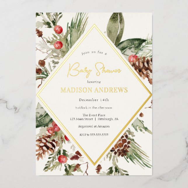 Elegant Winter Evergreen Poinsettia Baby Shower Foil Invitation (Front)