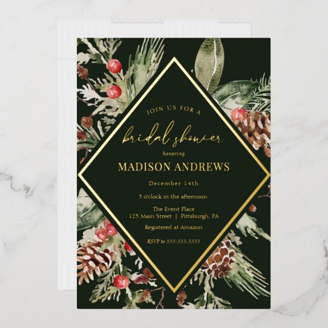 Elegant Winter Evergreen Poinsettia Bridal Shower Foil Invitation (Envelope)