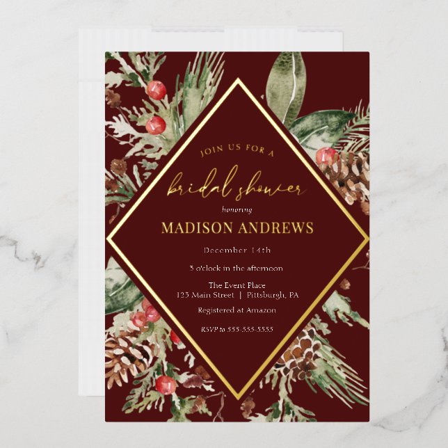 Elegant Winter Evergreen Poinsettia Bridal Shower  Foil Invitation (Envelope)