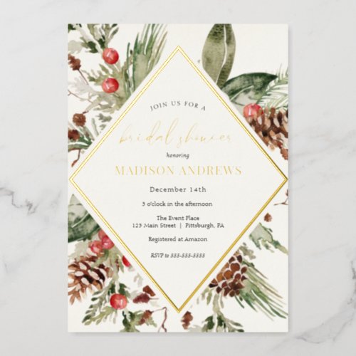 Elegant Winter Evergreen Poinsettia Bridal Shower  Foil Invitation