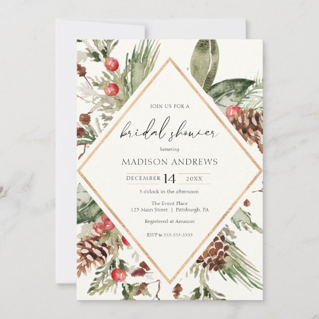 Elegant Winter Evergreen Poinsettia Bridal Shower Invitation (Front)