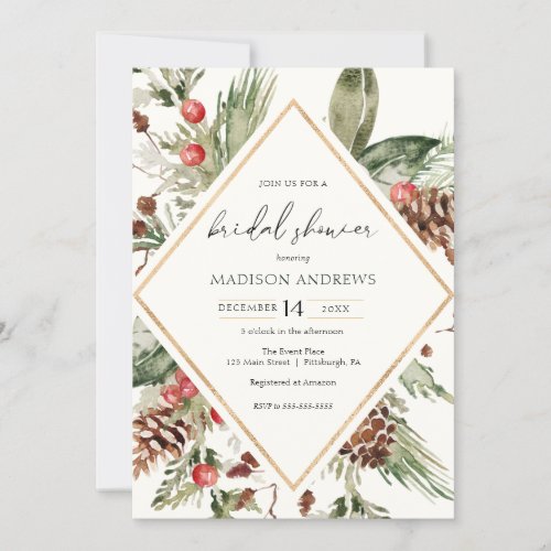 Elegant Winter Evergreen Poinsettia Bridal Shower Invitation