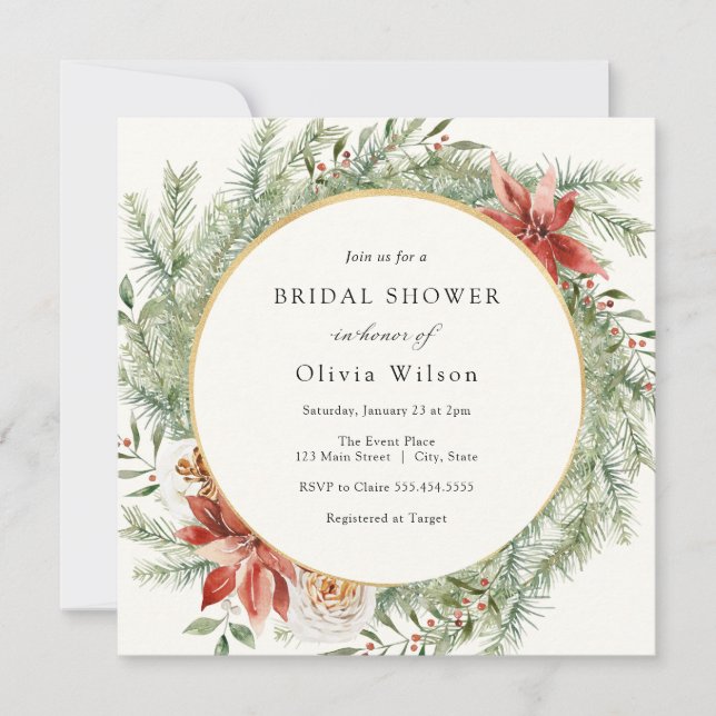 Elegant Winter Evergreen Poinsettia Bridal Shower Invitation (Front)