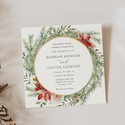 Elegant Winter Evergreen Poinsettia Wedding Invitation