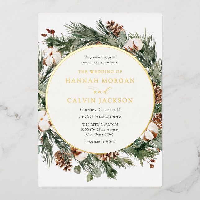 Elegant Winter Evergreen Wedding Foil Invitation (Front)