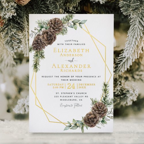 Elegant Winter Evergreen Wedding Gold Foil Invitation