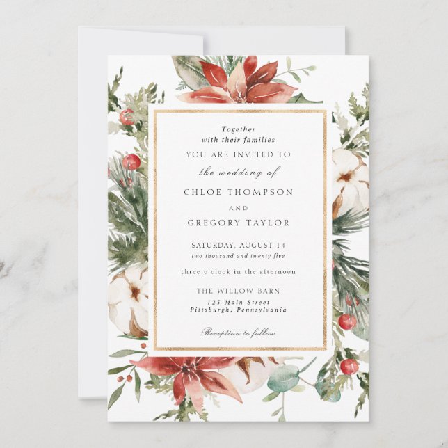 Elegant Winter Evergreen Wedding Invitation (Front)