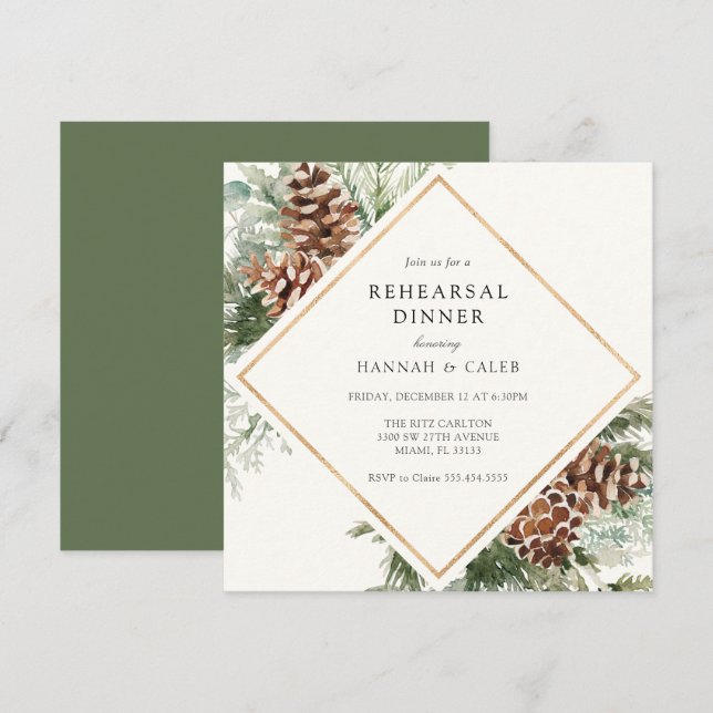 Elegant Winter Evergreen Wedding Rehearsal Dinner  Invitation (Front/Back)