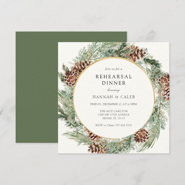 Elegant Winter Evergreen Wedding Rehearsal Dinner Invitation (Front/Back)