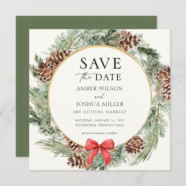 Elegant Winter Evergreen Wedding Save the Date Invitation (Front/Back)