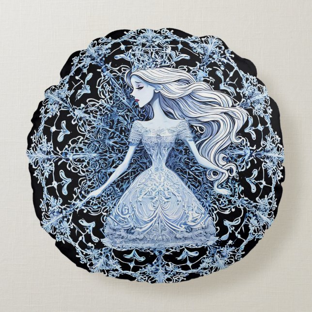 Elegant Winter Fantasy Dark Background Artistic Round Pillow (Front)