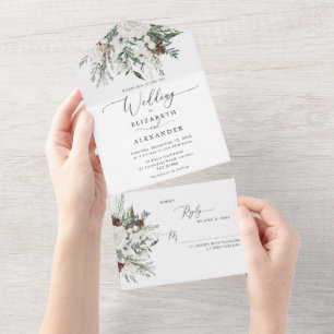 Elegant winter festive evergreen wedding all in one invitation