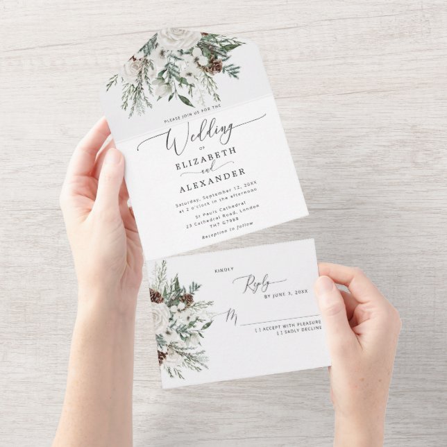 Elegant winter festive evergreen wedding all in one invitation (Tearaway)