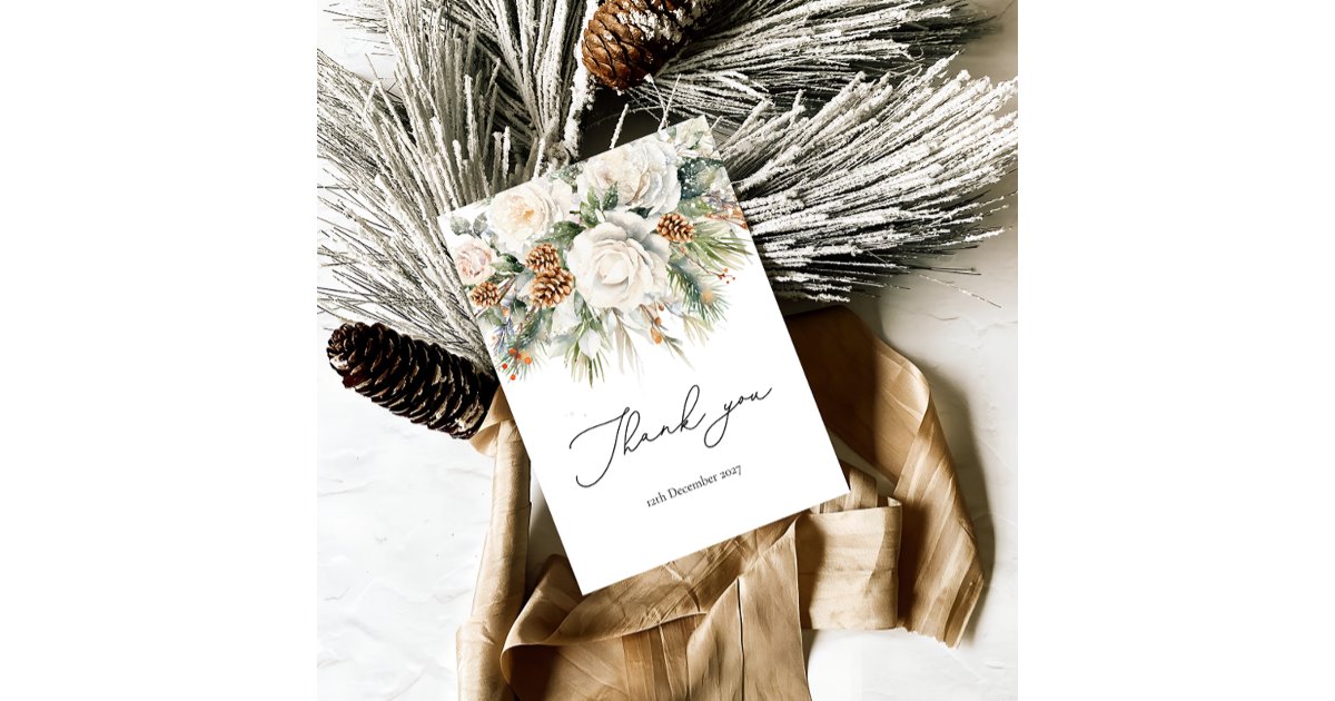 Elegant Winter Floral and Pine Thank You Card | Zazzle