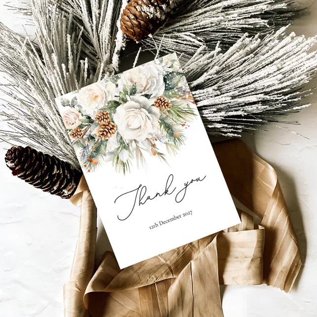 Elegant Winter Floral and Pine Thank You Card | Zazzle