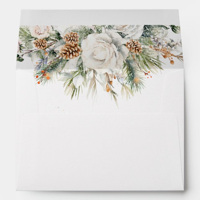 Elegant Winter Floral and Pine Wedding Envelope (Back (Bottom))