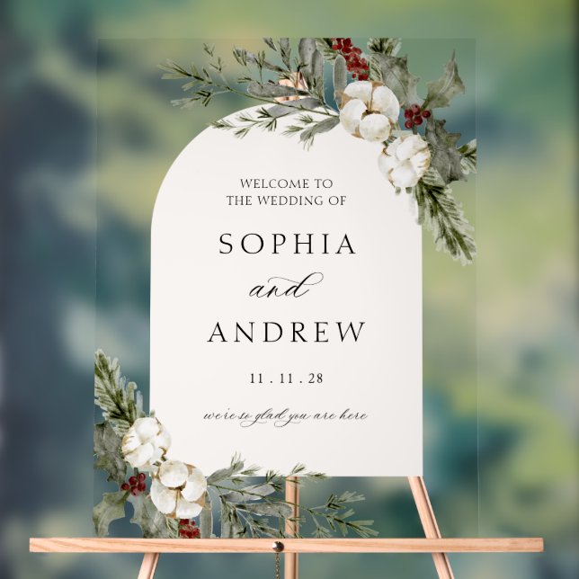 Elegant Winter Floral Arch Wedding Welcome Acrylic Sign (Neutral)