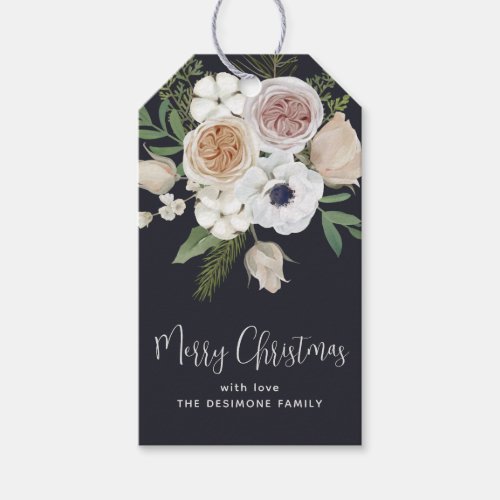 Elegant Winter Floral  Black White Christmas Gift Tags