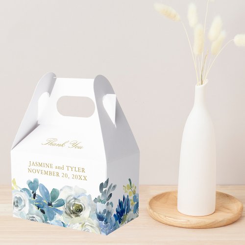 Elegant Winter Floral Blue White Rose Gold Wedding Favor Boxes
