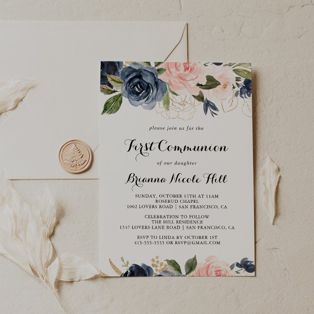 Elegant Winter Floral Calligraphy First Communion Invitation (Creator Uploaded)