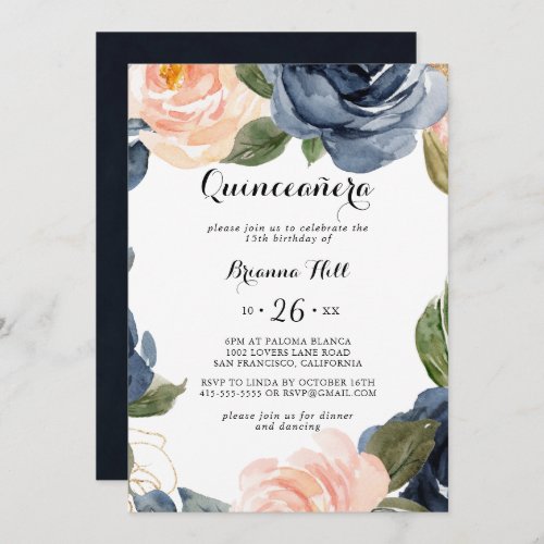 Elegant Winter Floral Calligraphy Quinceaera Invitation