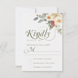 Elegant Winter Floral Calligraphy Script Wedding RSVP Card