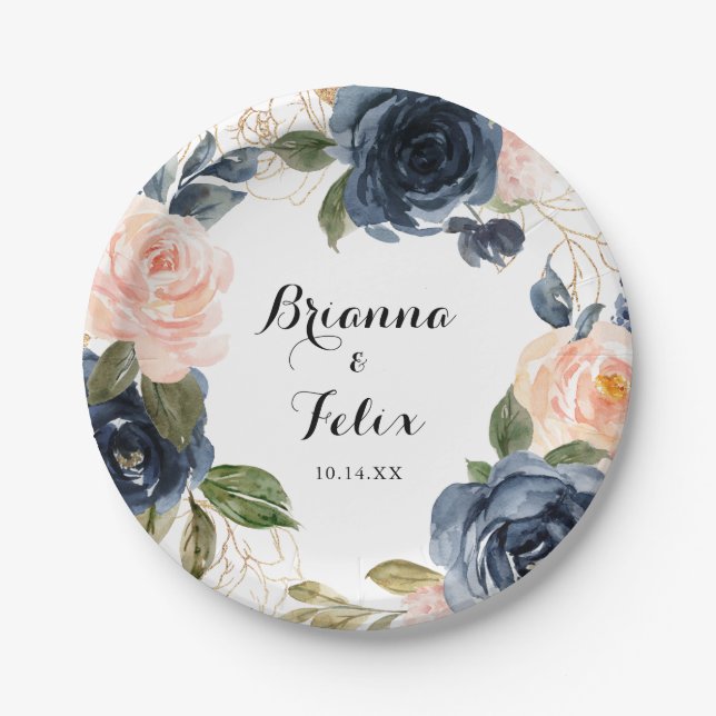 Elegant  Winter Floral Calligraphy Wedding Cake Paper Plates (Front)