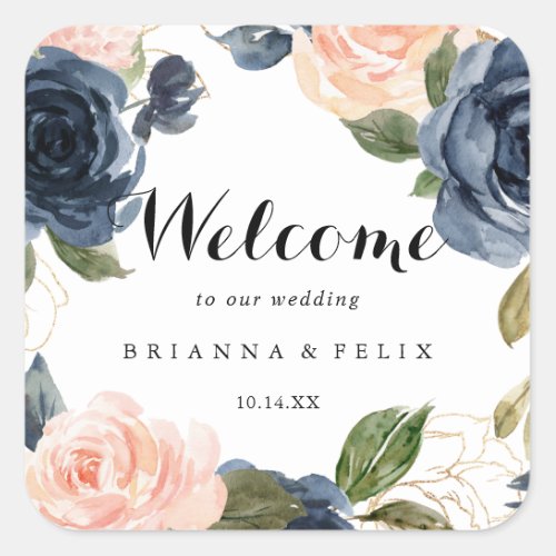 Elegant Winter Floral Calligraphy Wedding Welcome Square Sticker