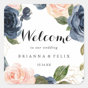 Elegant Winter Floral Calligraphy Wedding Welcome Square Sticker