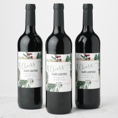 Elegant Winter Floral Cheers Wedding  Wine Label