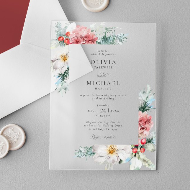 Elegant Winter Floral Christmas Wedding Acrylic Invitations (Creator Uploaded)