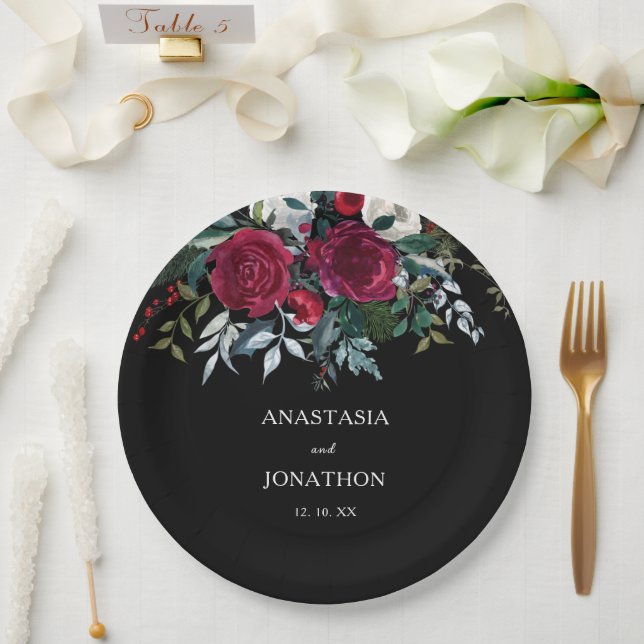 Elegant Winter Floral Christmas Wedding  Paper Plates (Wedding)