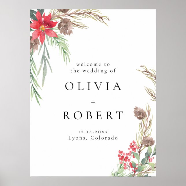 Elegant Winter Floral Christmas Wedding Welcome Poster (Front)