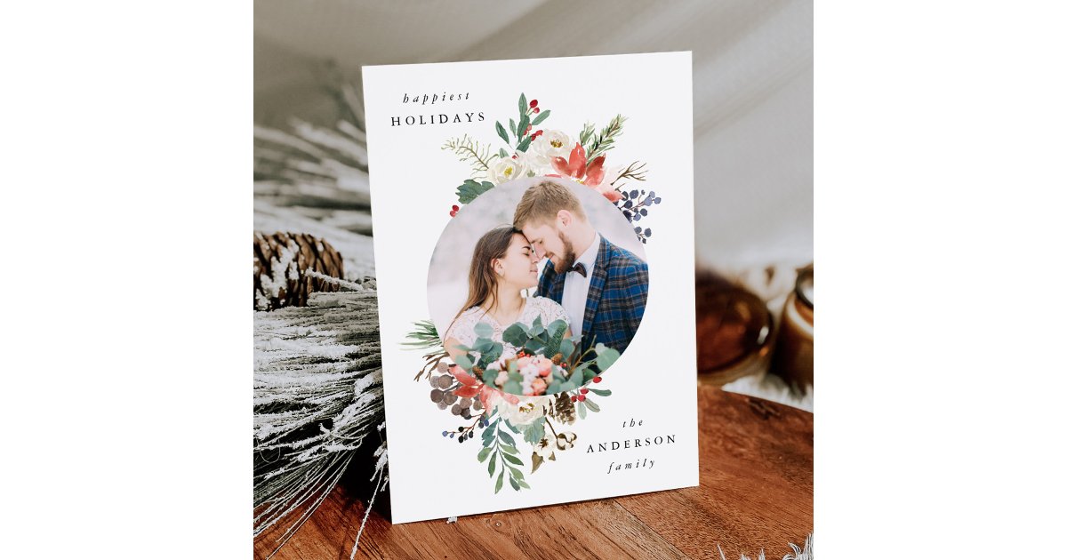 Elegant Winter Floral Circle Frame Photo Holiday Card | Zazzle