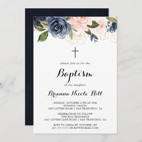 Elegant Winter Floral Cross Baptism Invitation