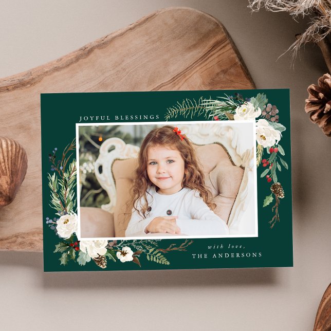 Elegant Winter Floral Frame Green Photo Holiday Card (Creator Uploaded)