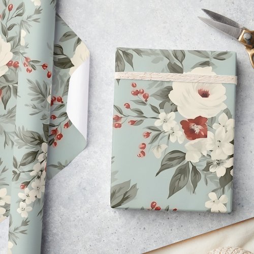 Elegant Winter Floral Frosted White  Crimson Wrapping Paper