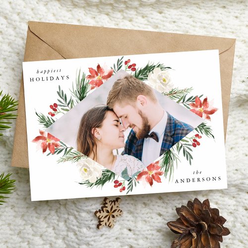 Elegant Winter Floral Geometric Frame Photo Holiday Card