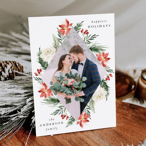 Elegant Winter Floral Geometric Frame Photo Holiday Card