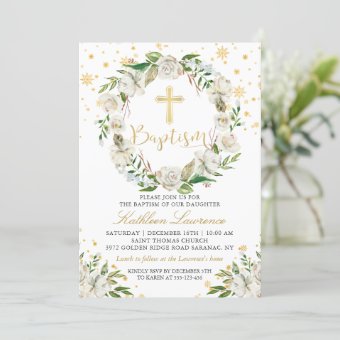 Elegant Winter Floral Girl Baptism Invitation | Zazzle