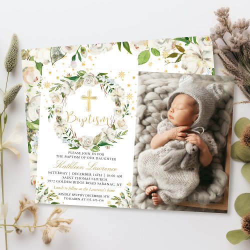 Elegant Winter Floral Girl Baptism Photo Invitation