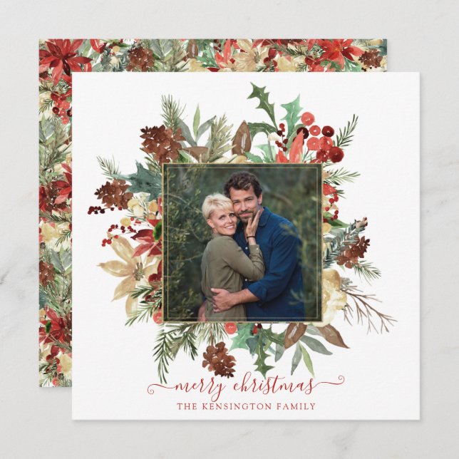 Elegant Winter Floral Gold Holiday Christmas Photo (Front/Back)