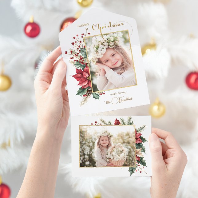 Elegant Winter Floral Gold Merry Christmas 1 Photo All In One Invitation (Creator Uploaded)