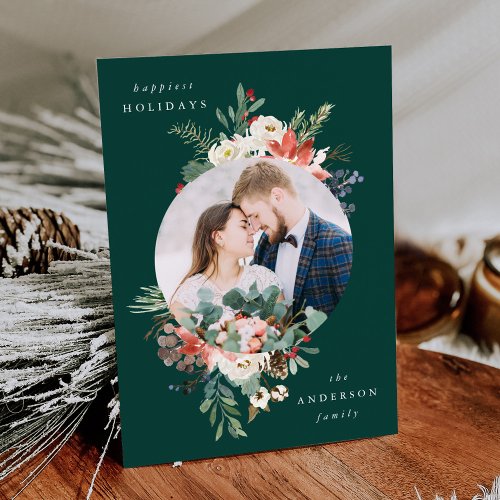 Elegant Winter Floral Green Circle Frame Photo Holiday Card