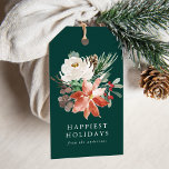 Elegant Winter Floral Green Personalized Holiday Gift Tags<br><div class="desc">Add a custom touch to your holiday gifts by adding our Winter Floral holiday gift tags. The holiday gift tags display a bouquet of watercolor poinsettias, ivory flowers, pine cones, holly berries, and lush green foliage with "Happiest Holidays" below against a green background. Personalize the gift tags by adding a...</div>