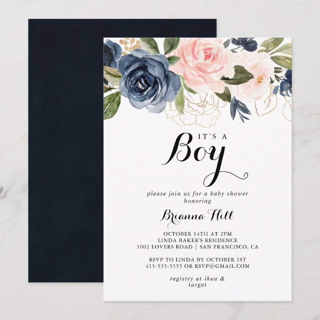 Elegant Winter Floral It's A Boy Baby Shower Invitation (Front/Back)