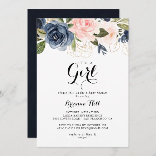 Elegant Winter Floral Its A Girl Baby Shower Invitation