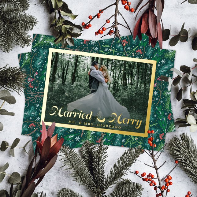 Elegant Winter Floral Married & Merry Photo Foil Holiday Card (Creator Uploaded)