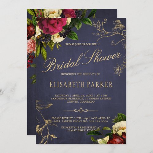 Elegant winter floral navy burgundy bridal shower invitation