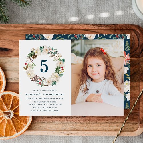 Elegant Winter Floral Navy Photo Birthday Party Invitation